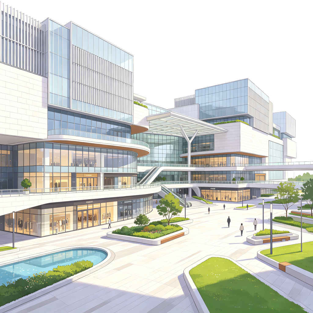 商场购物中心现代风格建筑外观插画