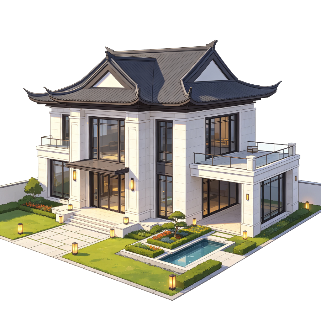 新中式风格建筑外观插画