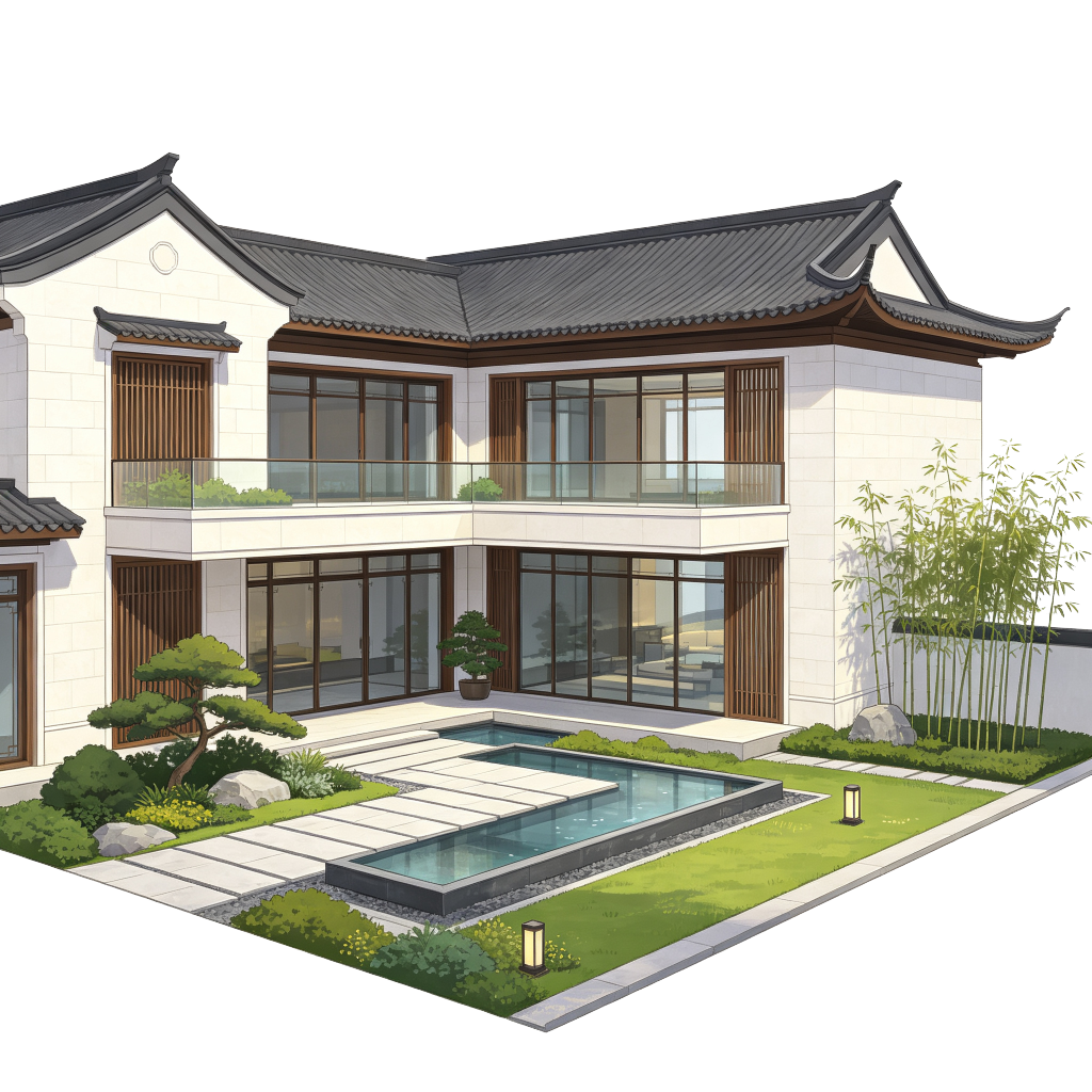 新中式别墅现代建筑外观插画