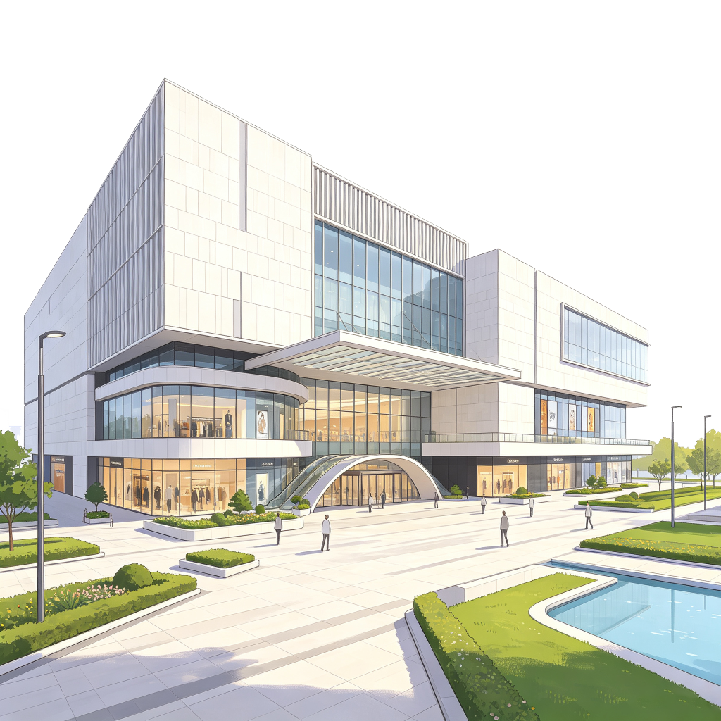 商场购物中心现代风格建筑外观插画