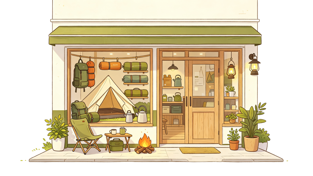 露营装备现代卡通风格店铺插画