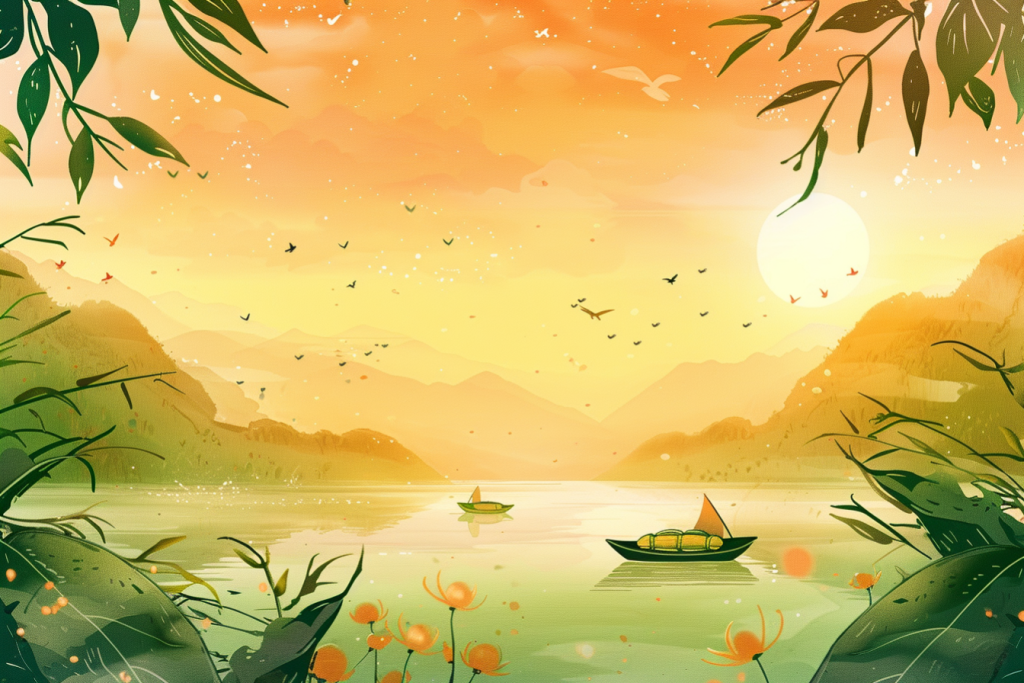 端午场景山水画节日插画