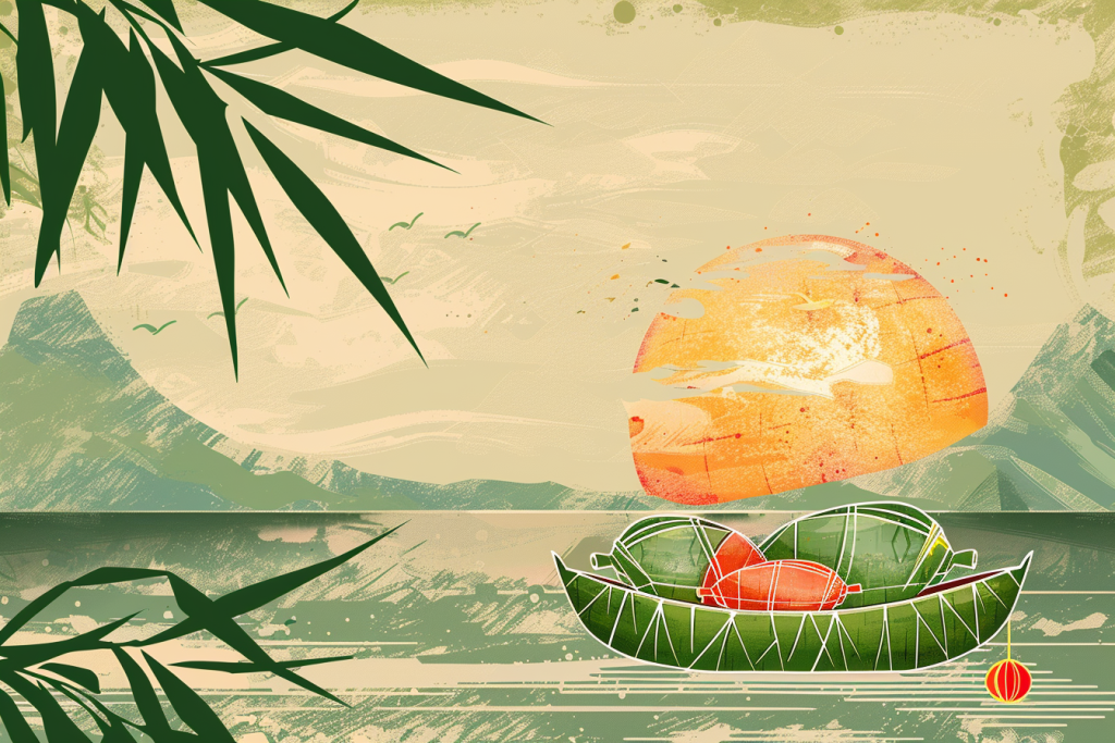 竹筏日落山水画