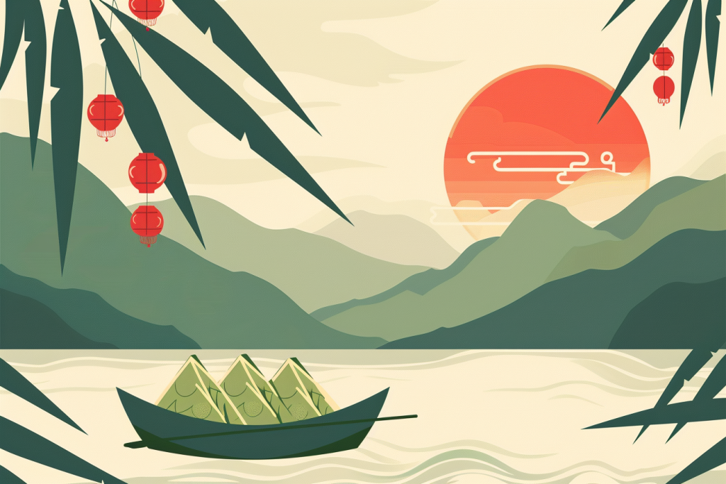 竹林红灯笼山水日落舟