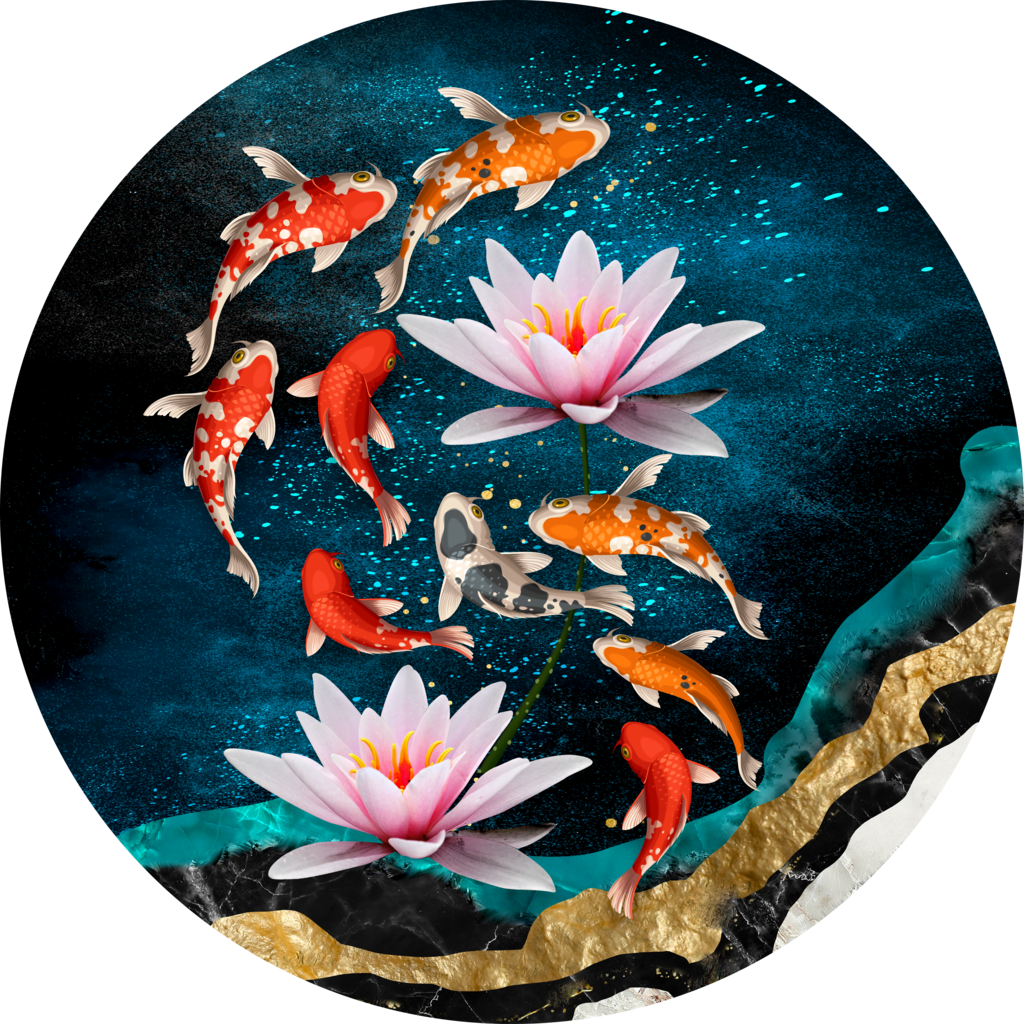 九鱼图莲花圆形装饰画挂画