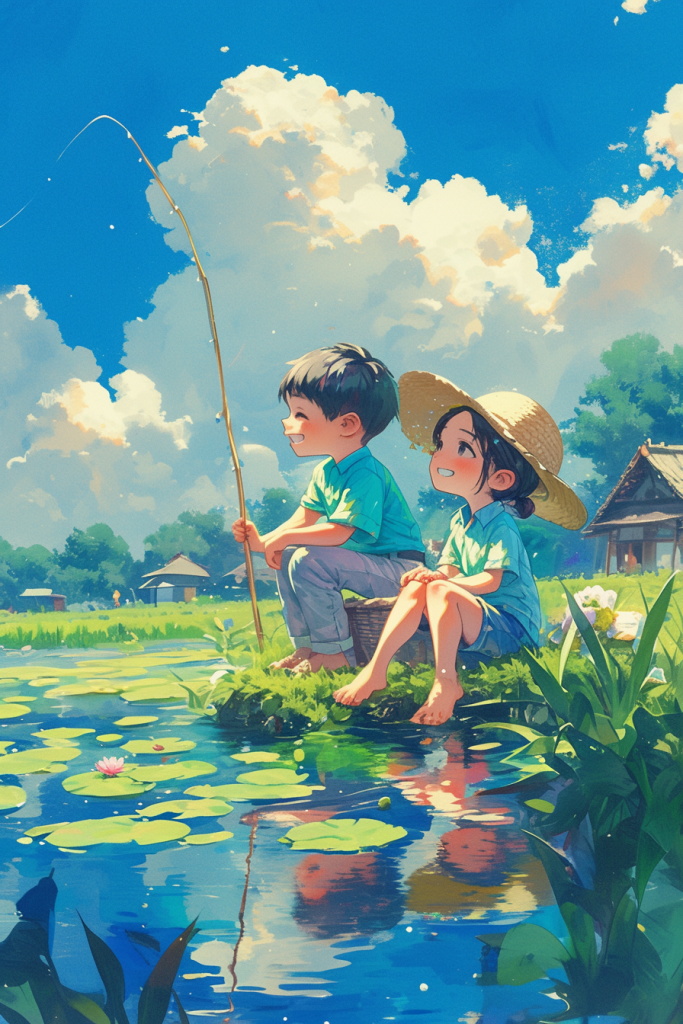 荷塘钓鱼小孩插画绘画