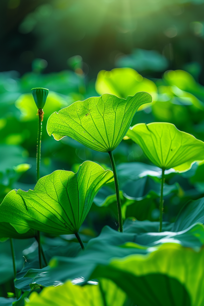 荷叶绿叶绽放阳光下图片