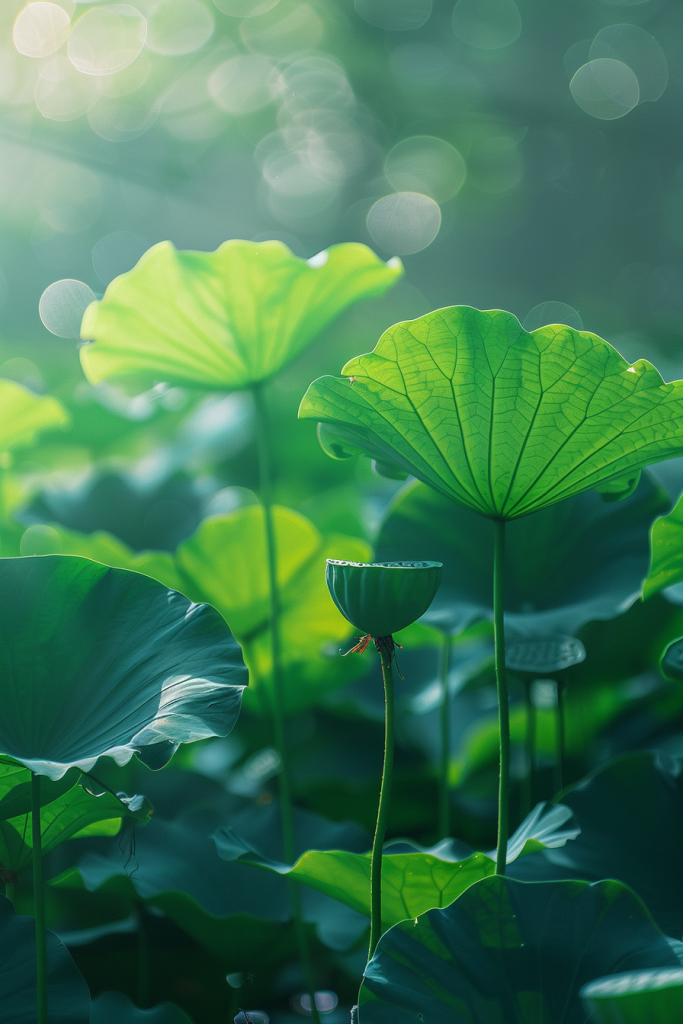 荷叶绿叶绽放阳光下图片
