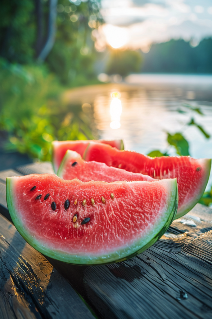 水边木桌上的夏季西瓜图片