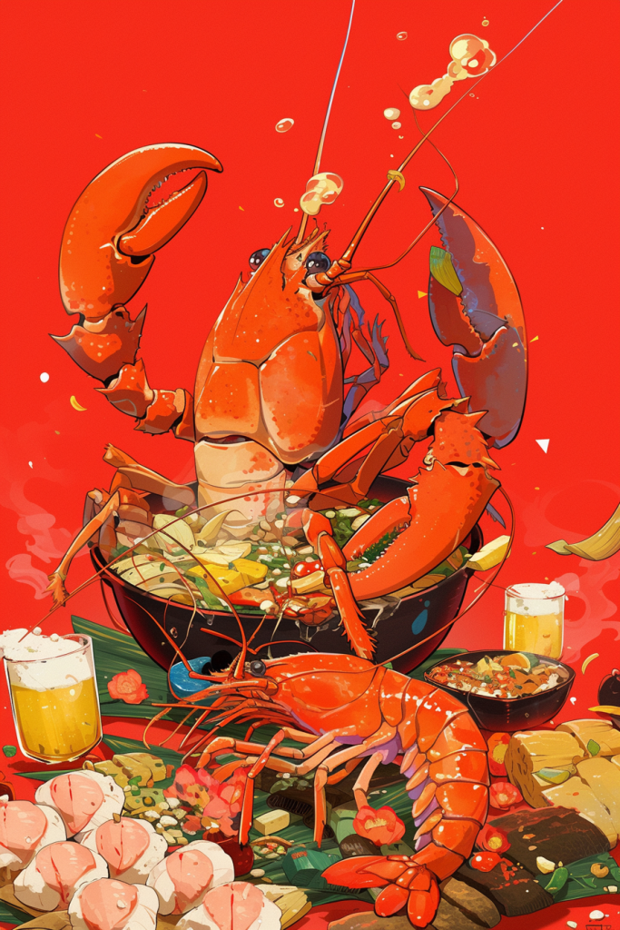 龙虾餐品餐饮美食插画