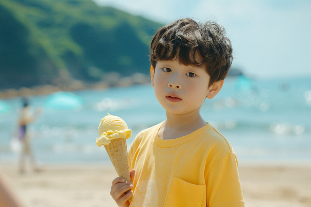 小孩手海边品尝雪糕摄影图