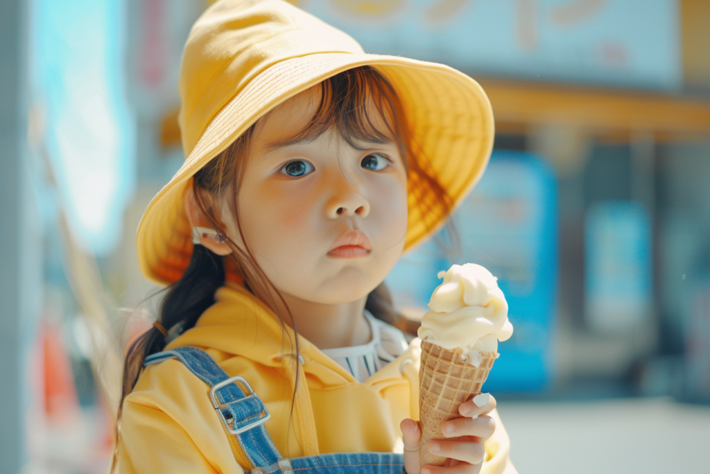小女生夏日吃甜筒摄影图