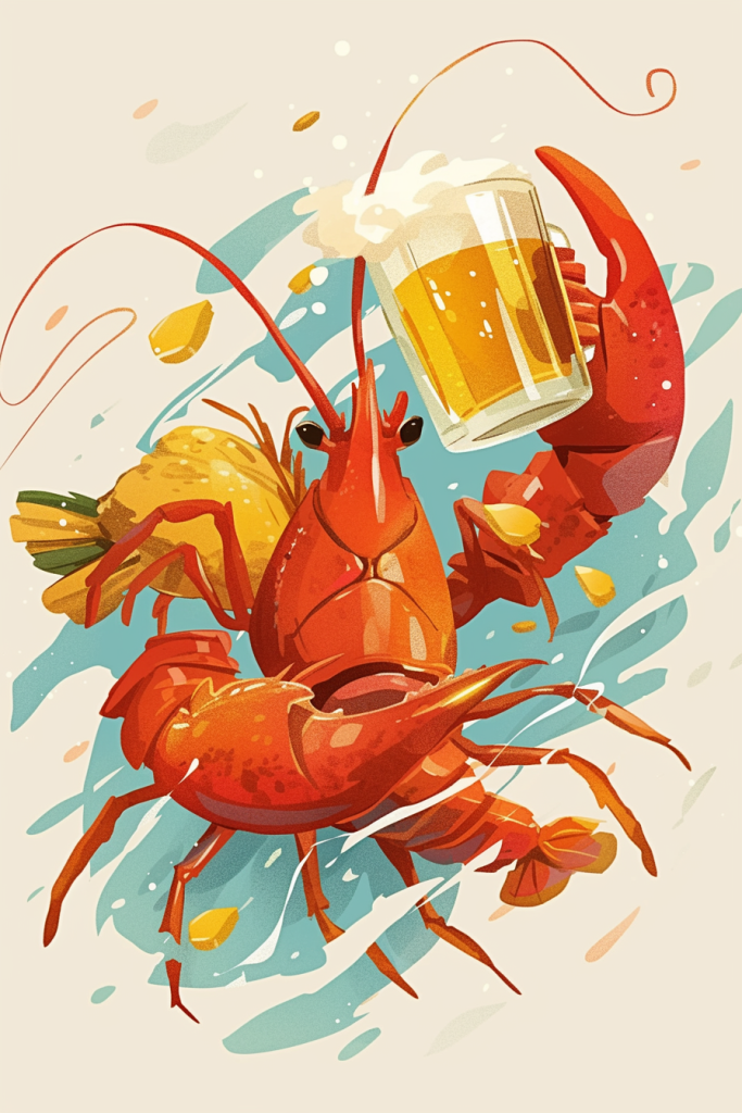 龙虾配啤酒插画绘画