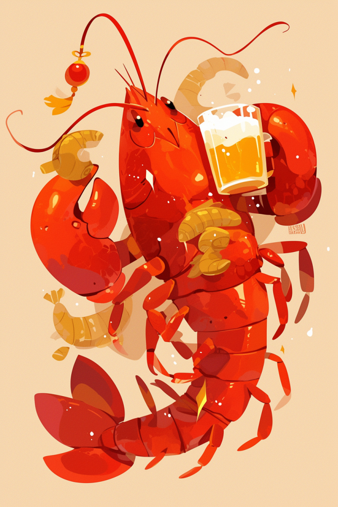 龙虾配啤酒插画绘画