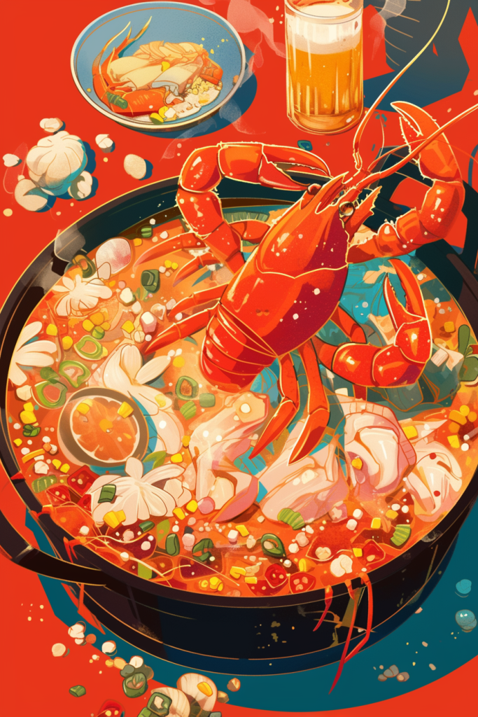 麻辣龙虾锅底料插画绘画