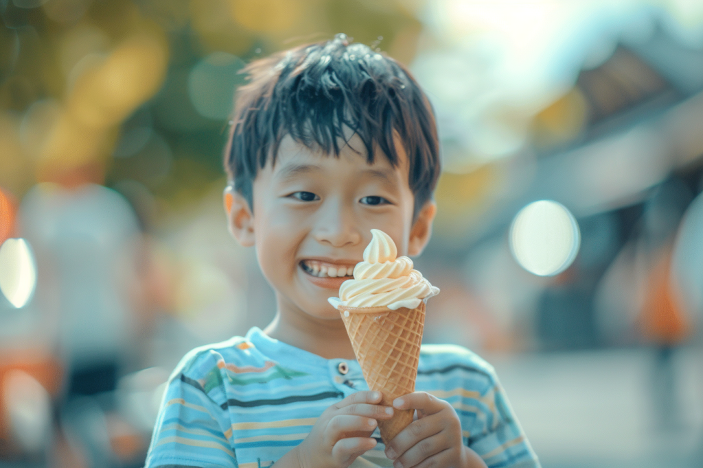 男孩手持冰淇淋笑颜灿烂摄影图