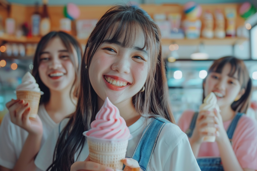 女孩冰淇淋快乐分享摄影图