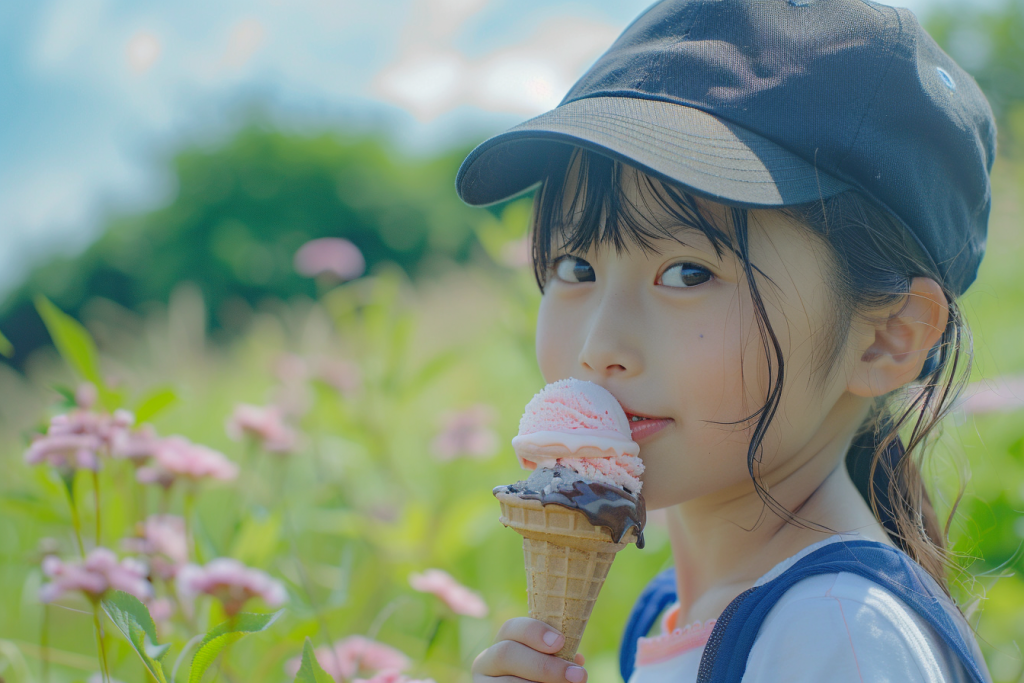 女孩吃冰淇淋开心瞬间摄影图
