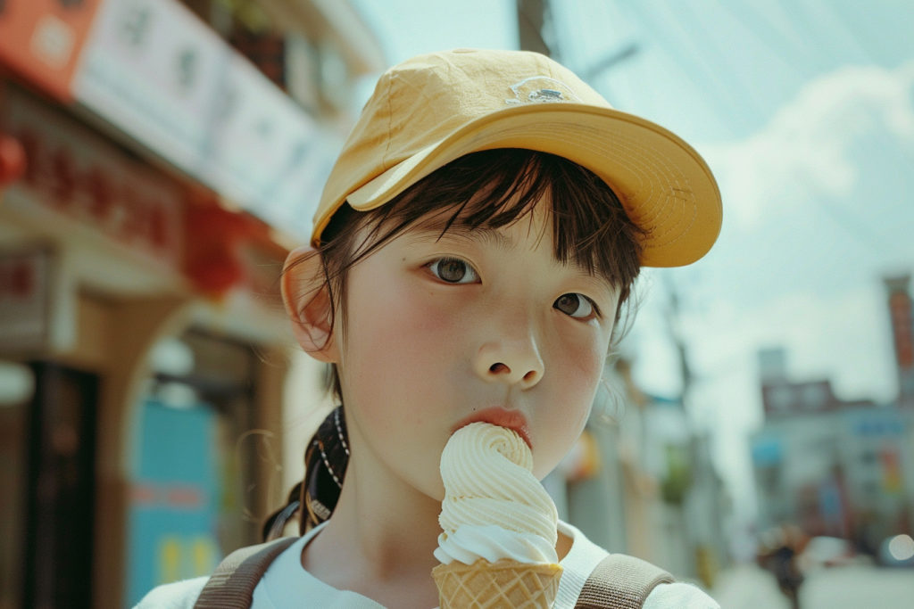 女孩吃冰淇淋开心瞬间摄影图
