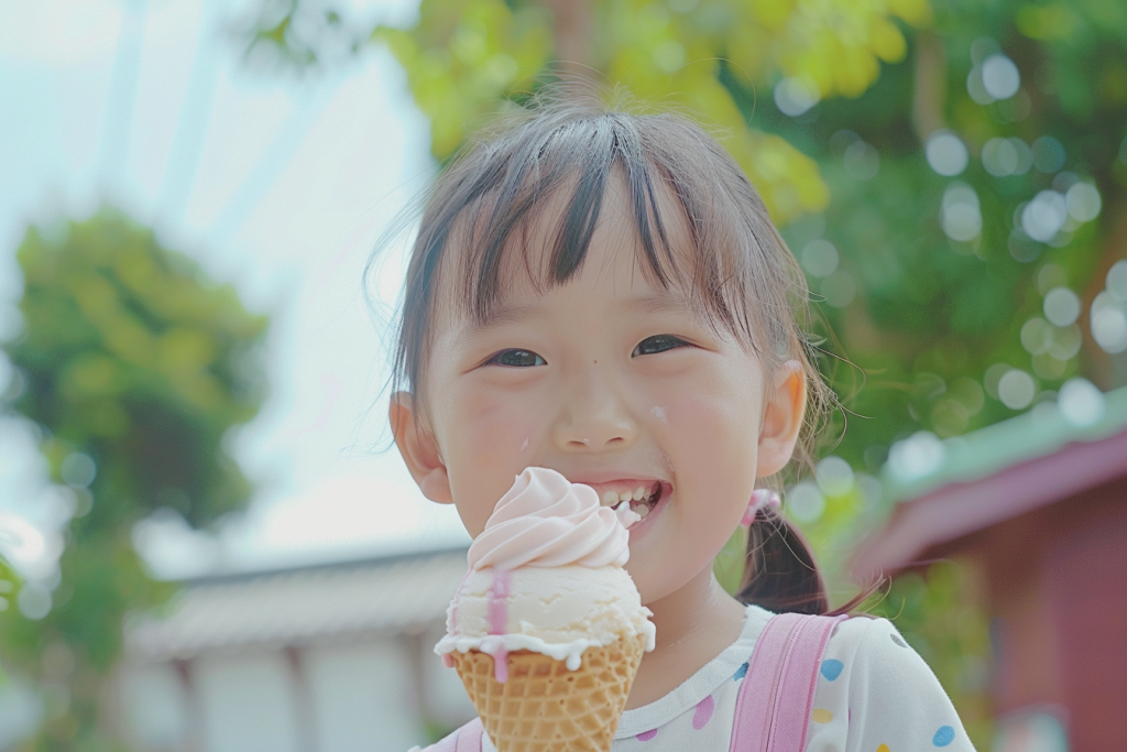女孩吃冰淇淋甜笑摄影图