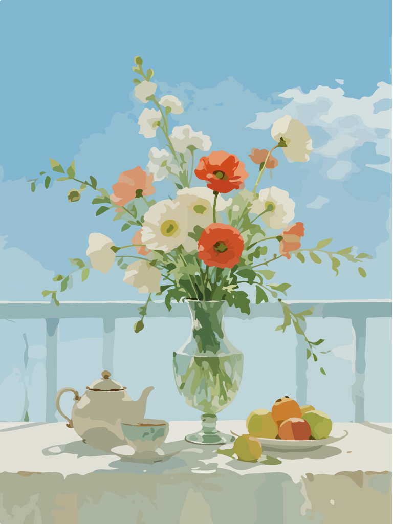 下午茶花艺插花清新治愈系水彩插画
