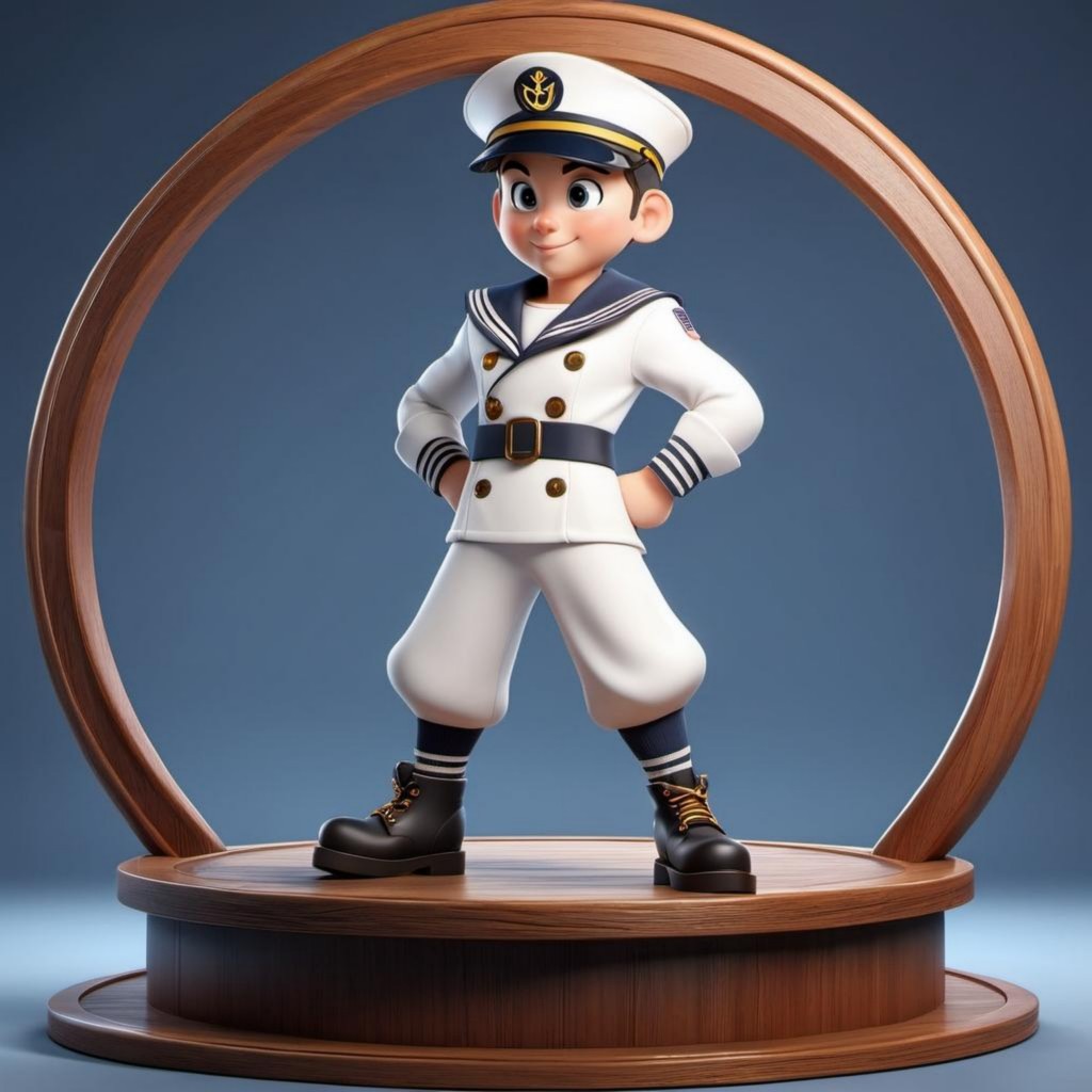 卡通水手男孩3D手办角色木质展台