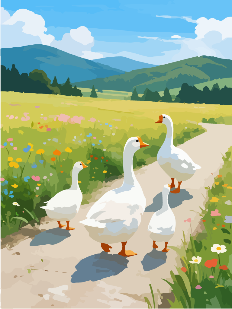田野中散步的白鹅卡通插画