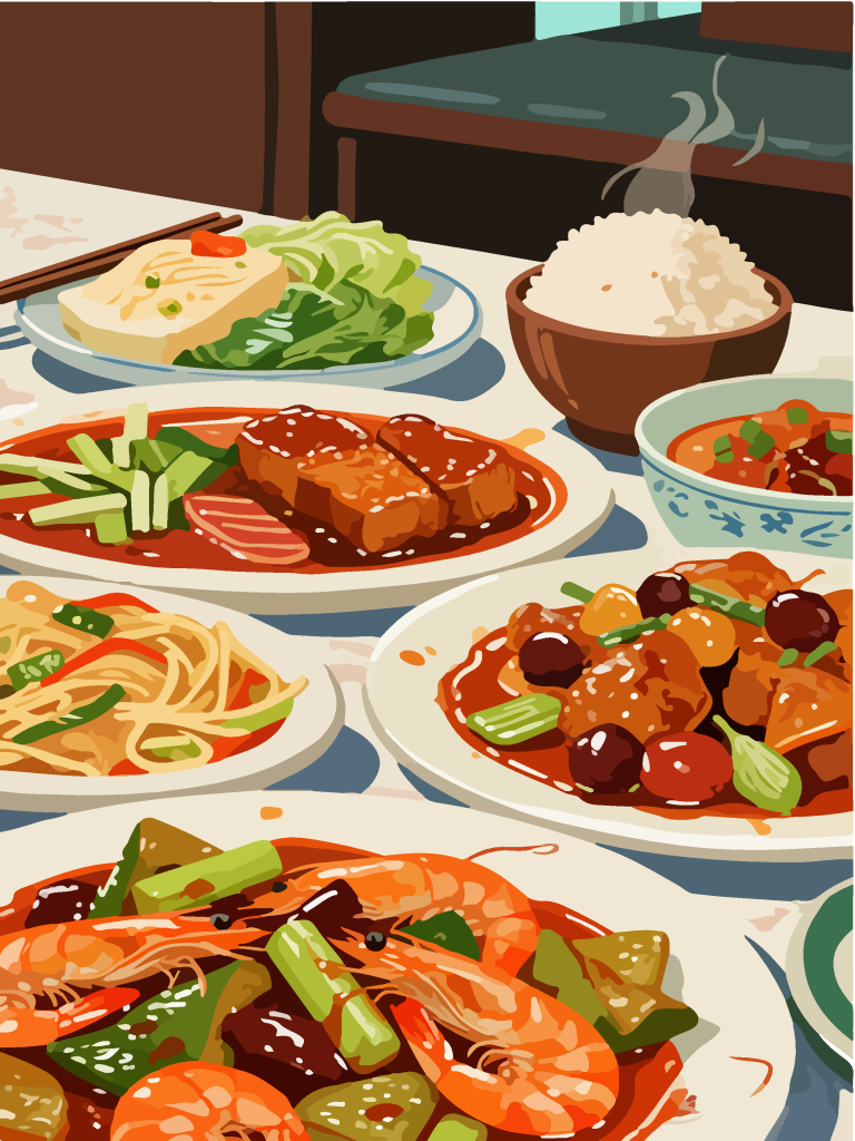 手绘风一桌美食插画