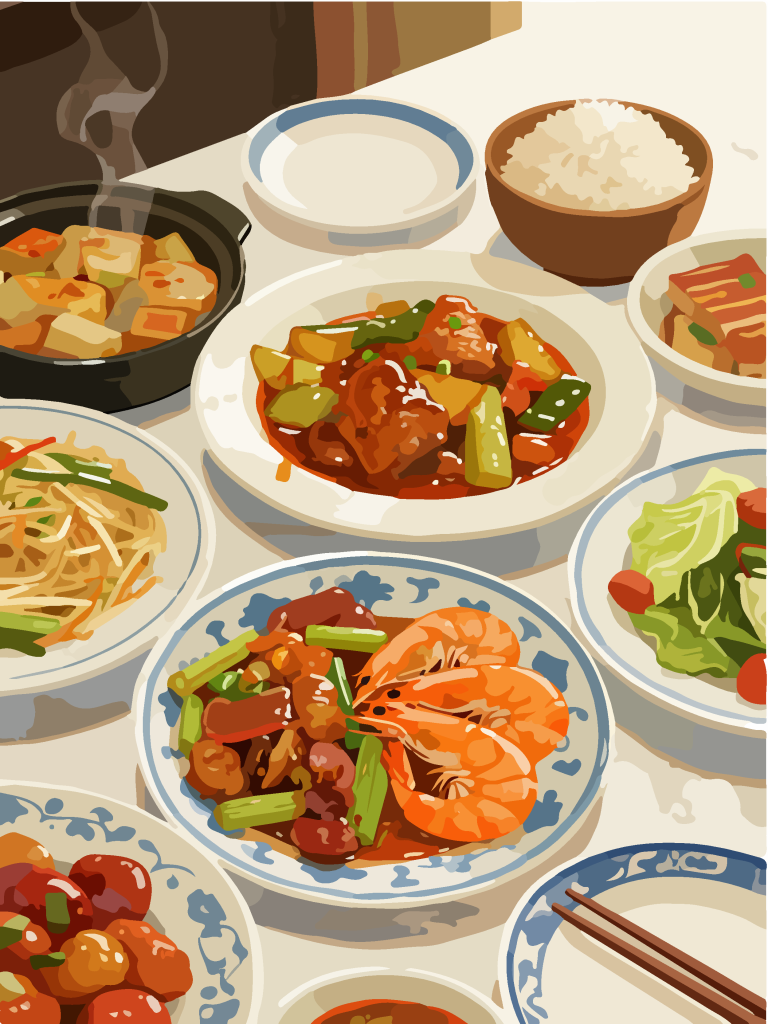 手绘风一桌美食插画