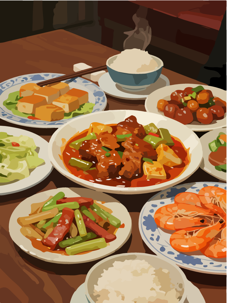 手绘风一桌美食插画
