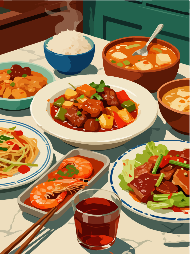 手绘风一桌美食插画