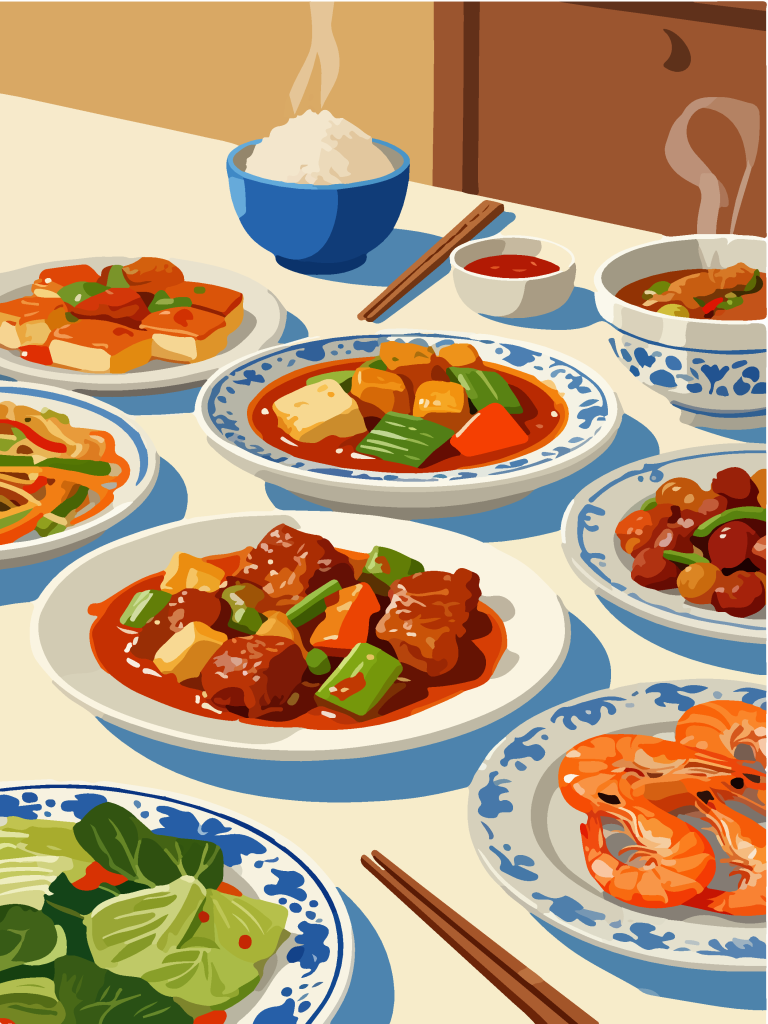 手绘风一桌美食插画
