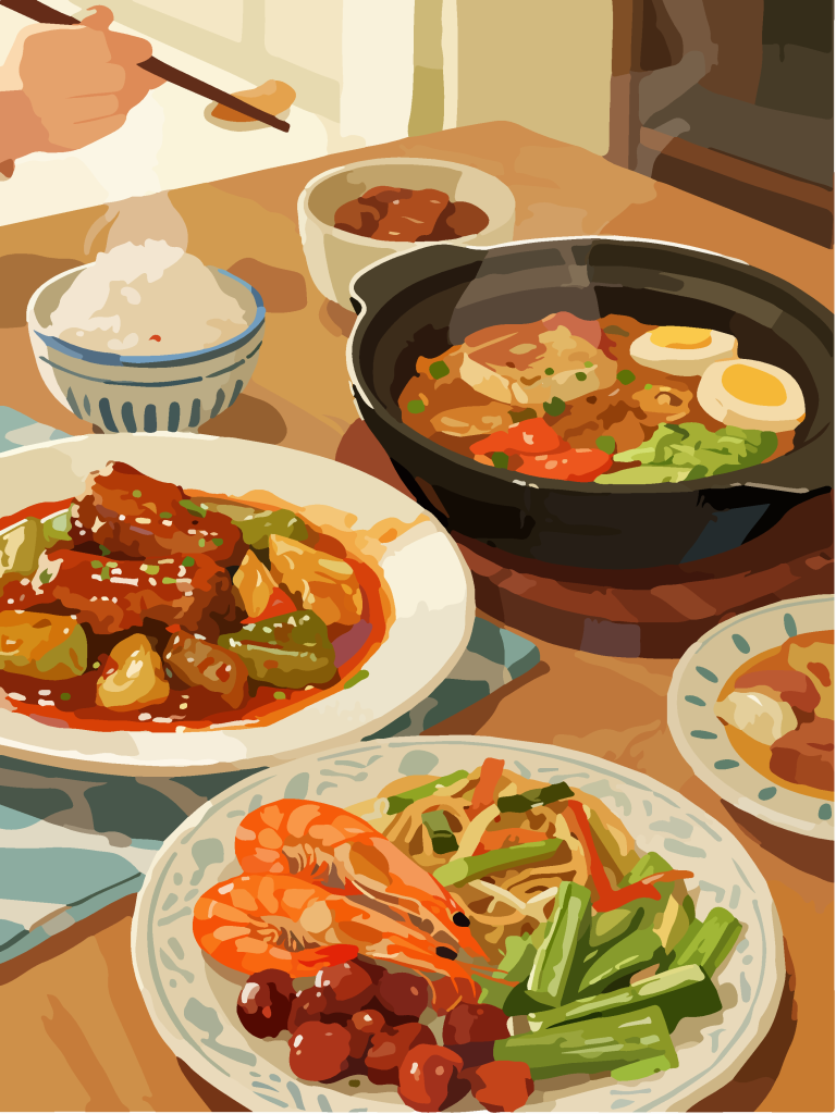 手绘风一桌美食插画