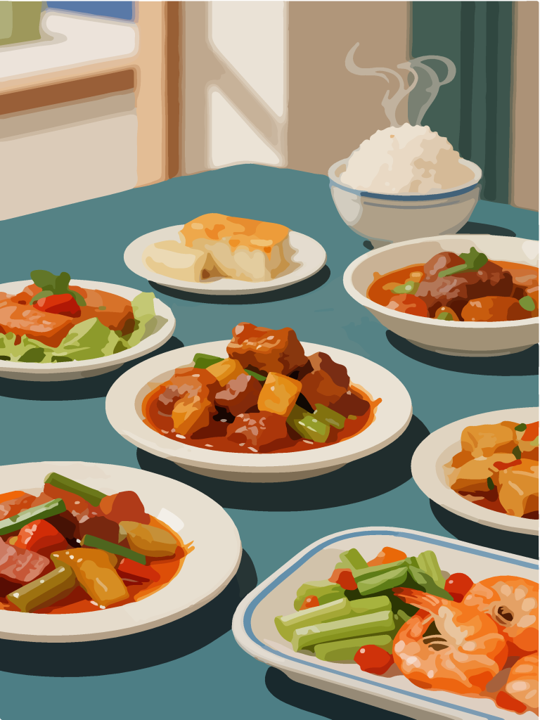 手绘风一桌美食插画