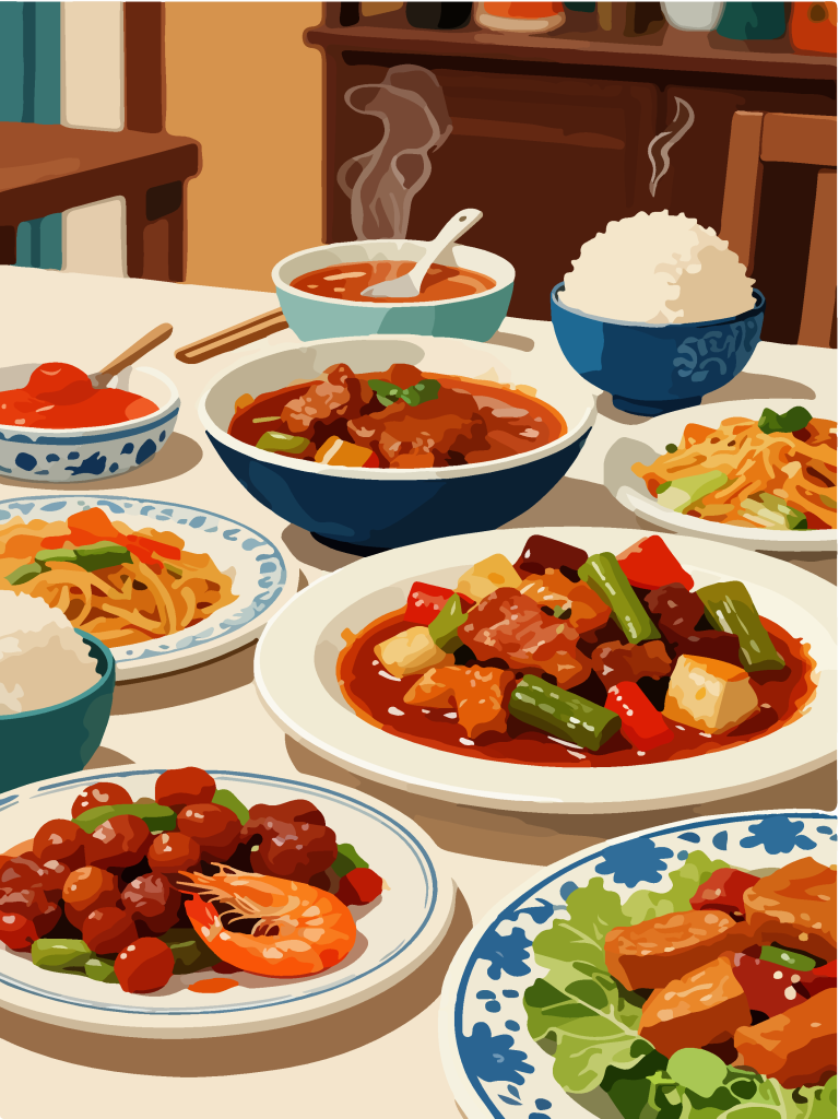 手绘风一桌美食插画
