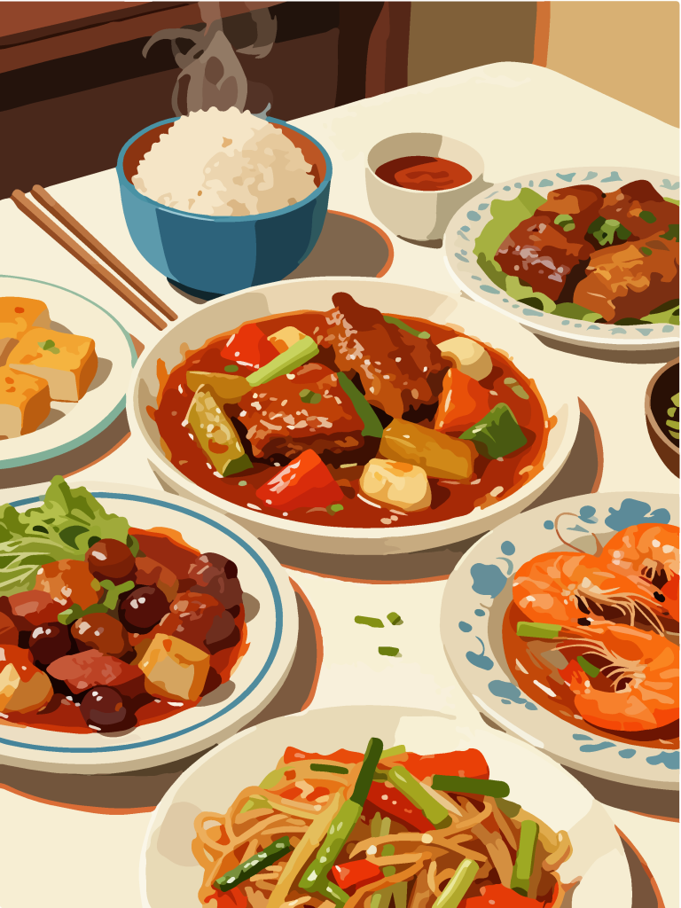 手绘风一桌美食插画