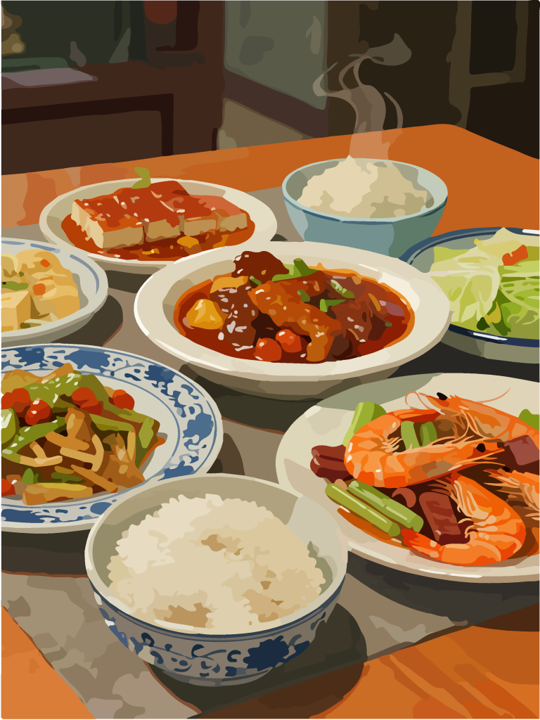 手绘风一桌美食插画