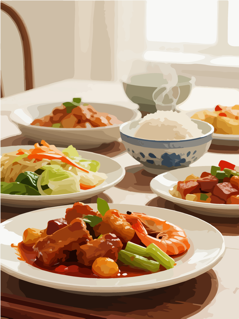 手绘风一桌美食插画