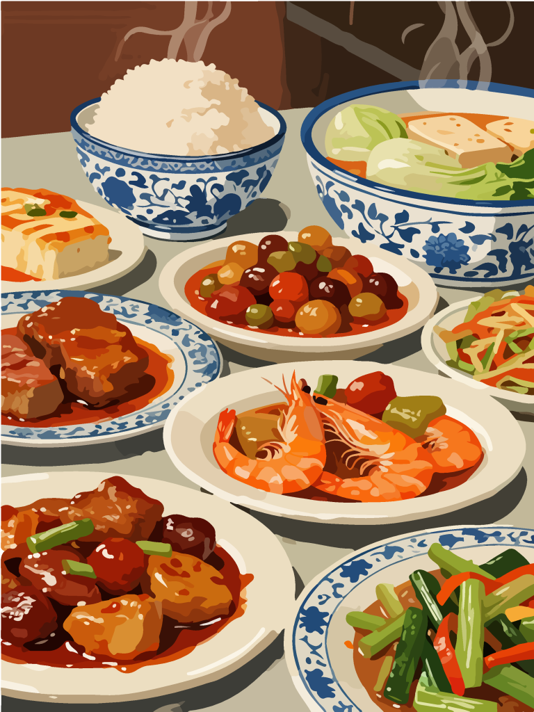 手绘风一桌美食插画