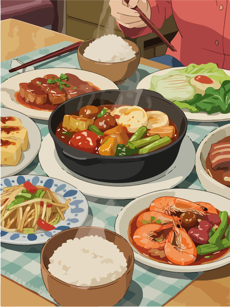 手绘风一桌美食插画