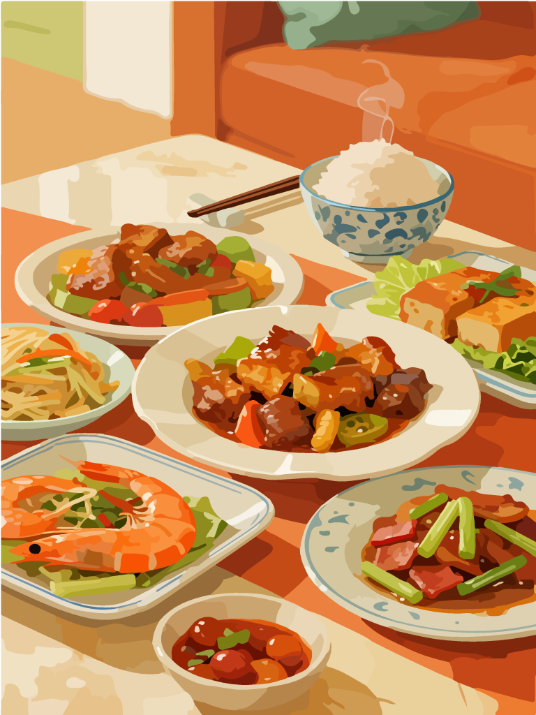 手绘风一桌美食插画