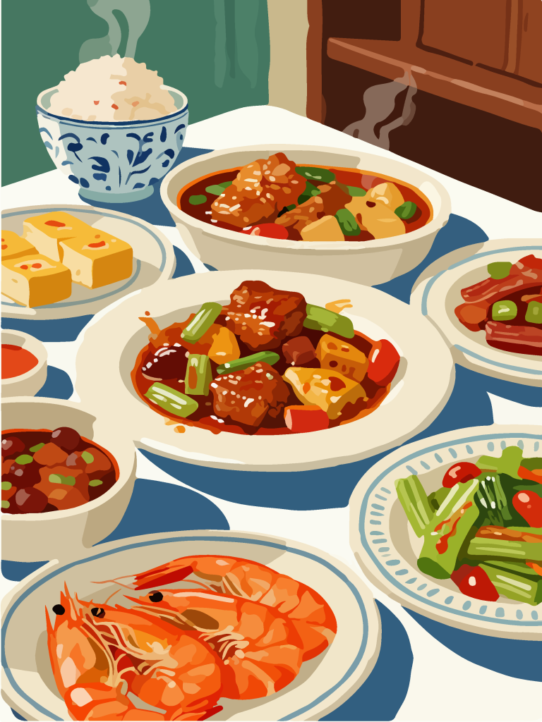 手绘风一桌美食插画