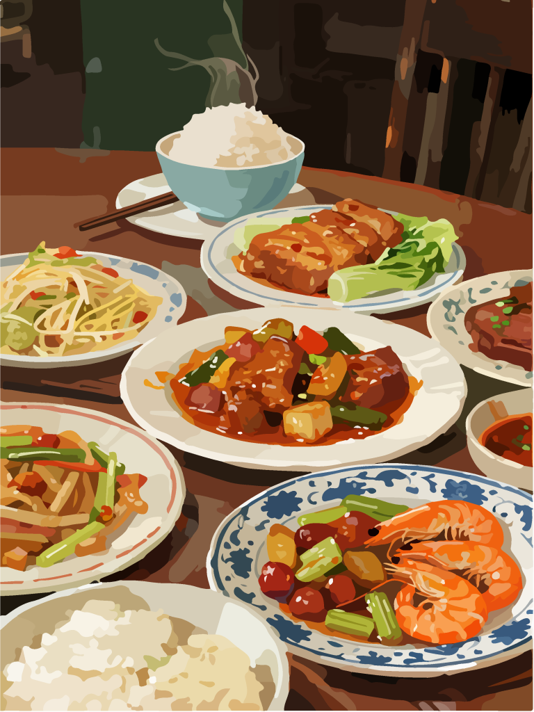 手绘风一桌美食插画