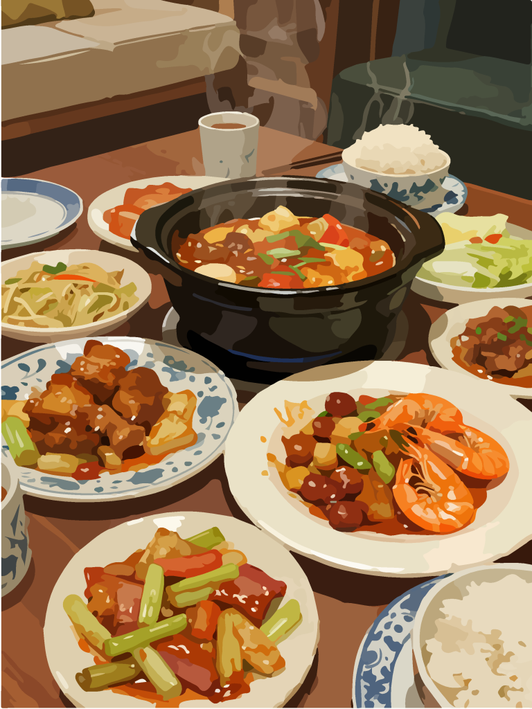 手绘风一桌美食插画