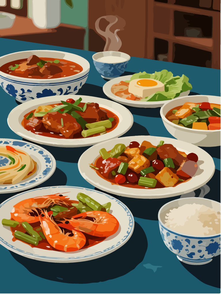 手绘风一桌美食插画