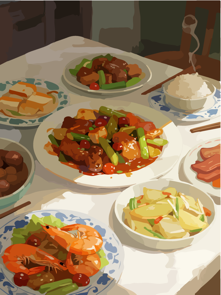 手绘风一桌美食插画