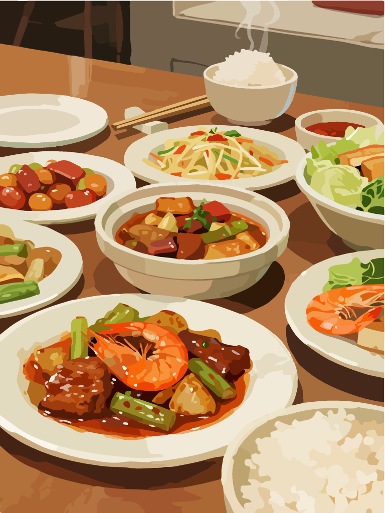手绘风一桌美食插画