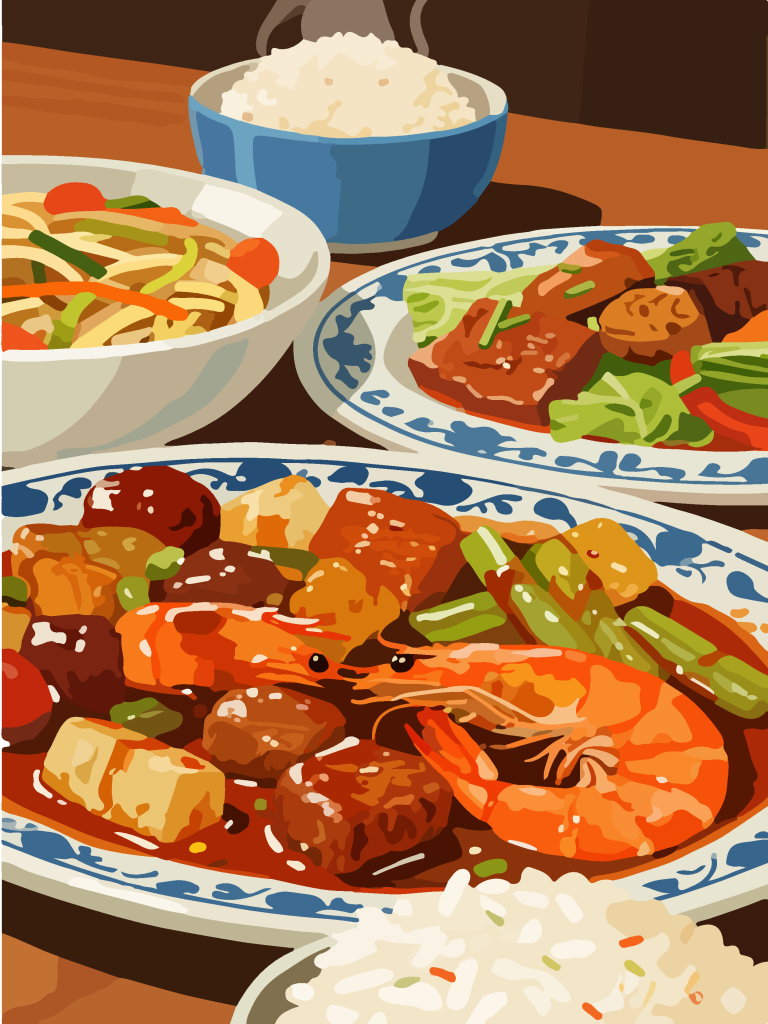 手绘风一桌美食插画