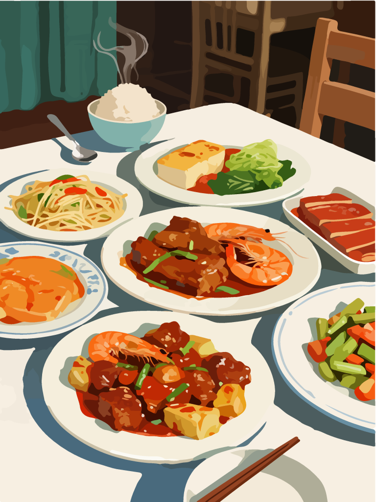 手绘风一桌美食插画