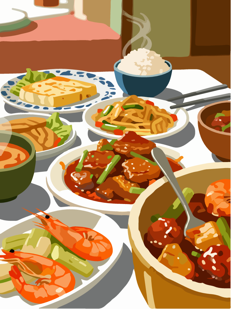 手绘风一桌美食插画